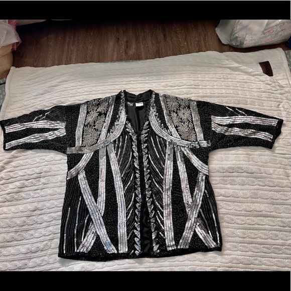 Vintage handmade Silver Beaded Sequined Duster Coat Long Jacket - Picture 5 of 16